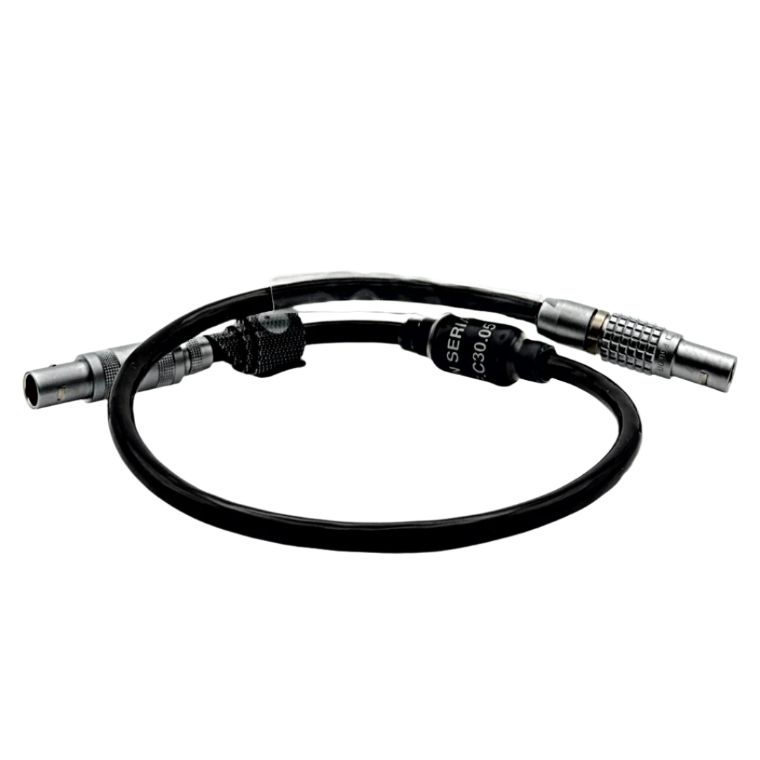 A black serial cable with one end featuring a 6 pin LEMO connector and the other end a Lens Control System connector, designed for camera equipment.